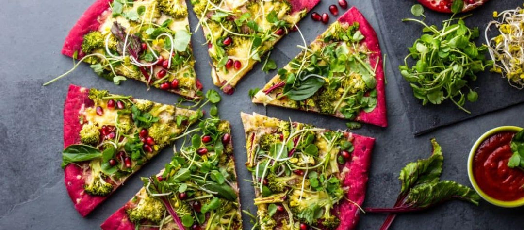 Vegan Recipes - Beetroot Dough, Vegetables and Sprouis Pizza, Healthy Fast Foods