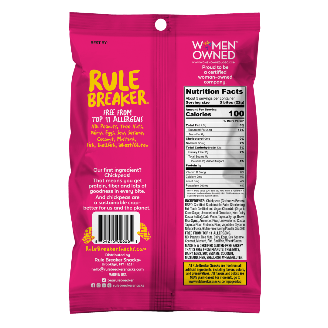 Rule Breaker Snacks vegan gluten-free allergen-free nut-free made with chickpeas deliciously soft-baked Brownie Bites back of package with Nutrition Facts Panel