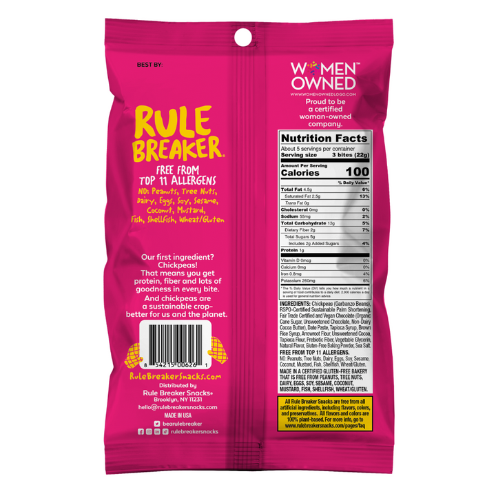 Rule Breaker Snacks vegan gluten-free allergen-free nut-free made with chickpeas deliciously soft-baked Brownie Bites back of package with Nutrition Facts Panel