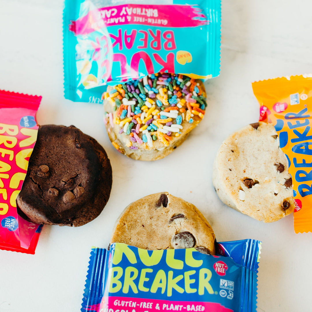 Four delicious flavors of Rule Breaker Snacks Brownie, Blondie, Birthday cake, P'Nutter Chocolate Chip