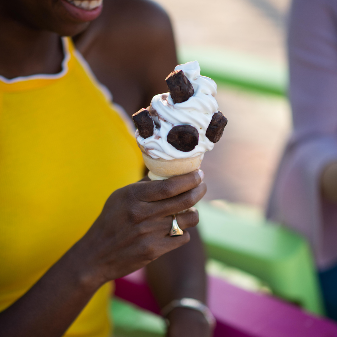 Ice cream with Rule Breaker Snacks vegan gluten-free allergen-free nut-free made with chickpeas deliciously soft-baked Brownie Bites
