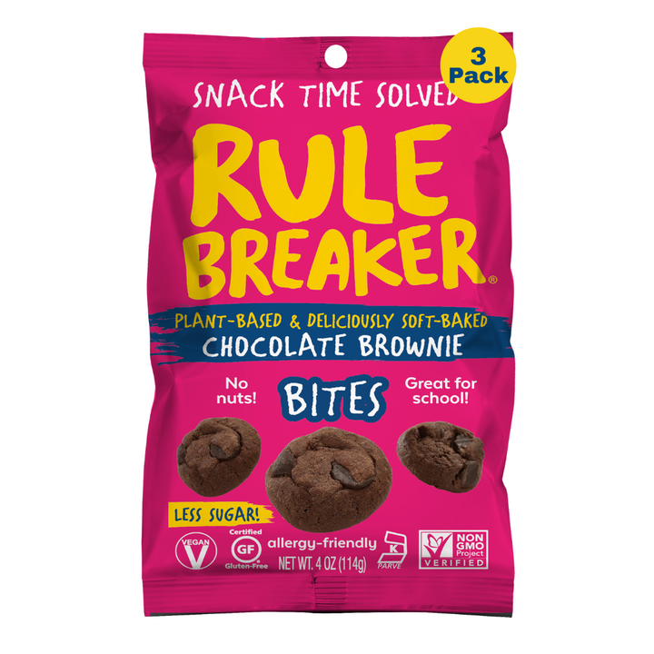 Rule Breaker Snacks vegan gluten-free allergen-free nut-free made with chickpeas deliciously soft-baked Brownie Bites Package