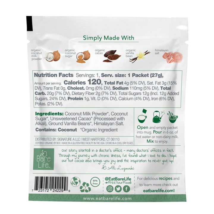 Instant Dairy Free Coconut Hot Cocoa Mix  |  20 Pack Single Serving |Gluten Free, Vegan and Organic