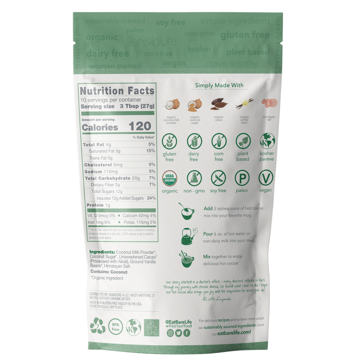 Instant Dairy Free Coconut Hot Cocoa Mix  |  10 Serving Pouch | Gluten Free, Vegan and Organic