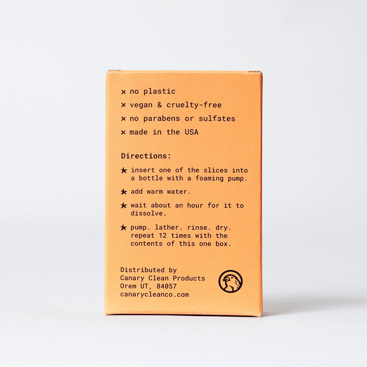 Cedar Mint Concentrated Foaming Hand Soap. Back of the box with directions. 12-count box. 