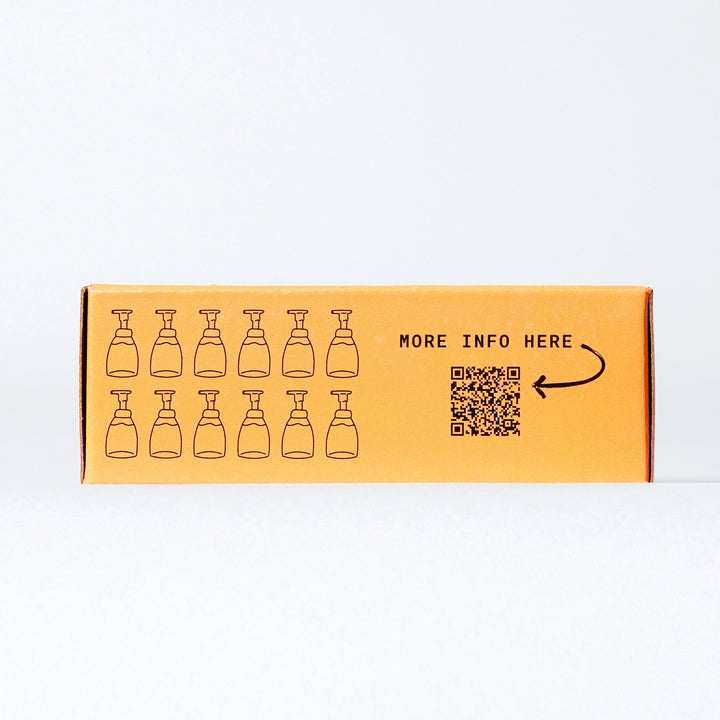 Cedar Mint Concentrated Foaming Hand Soap. Side of the box showing the 12 bottles it can fill and QR code. 12-count box. 
