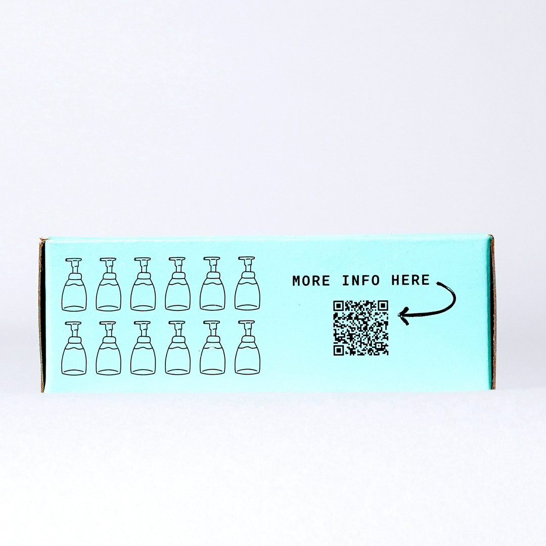 Fir Needle & Sage Concentrated Foaming Hand Soap. Side of the box showing 12 bottles and QR code. 12-count box. 