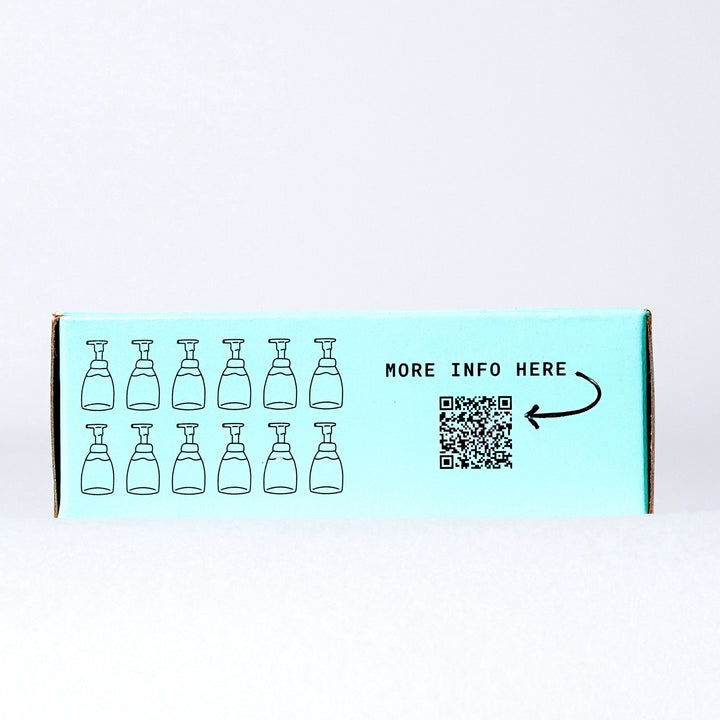 Fir Needle & Sage Concentrated Foaming Hand Soap. Side of the box showing 12 bottles and QR code. 12-count box. 