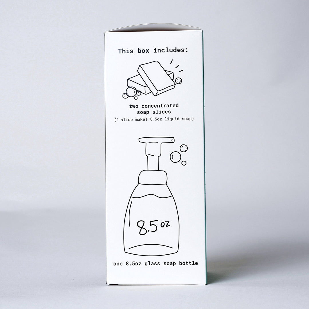 Canary Concentrated Foaming Hand Soap Kit. Bottle and Soap Slices Included, side view with instructions graphics.