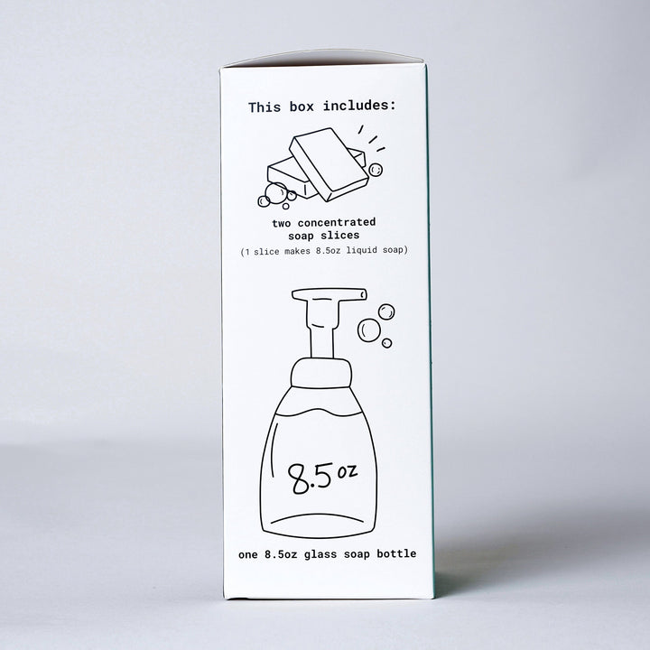 Canary Concentrated Foaming Hand Soap Kit. Bottle and Soap Slices Included, side view with instructions graphics.