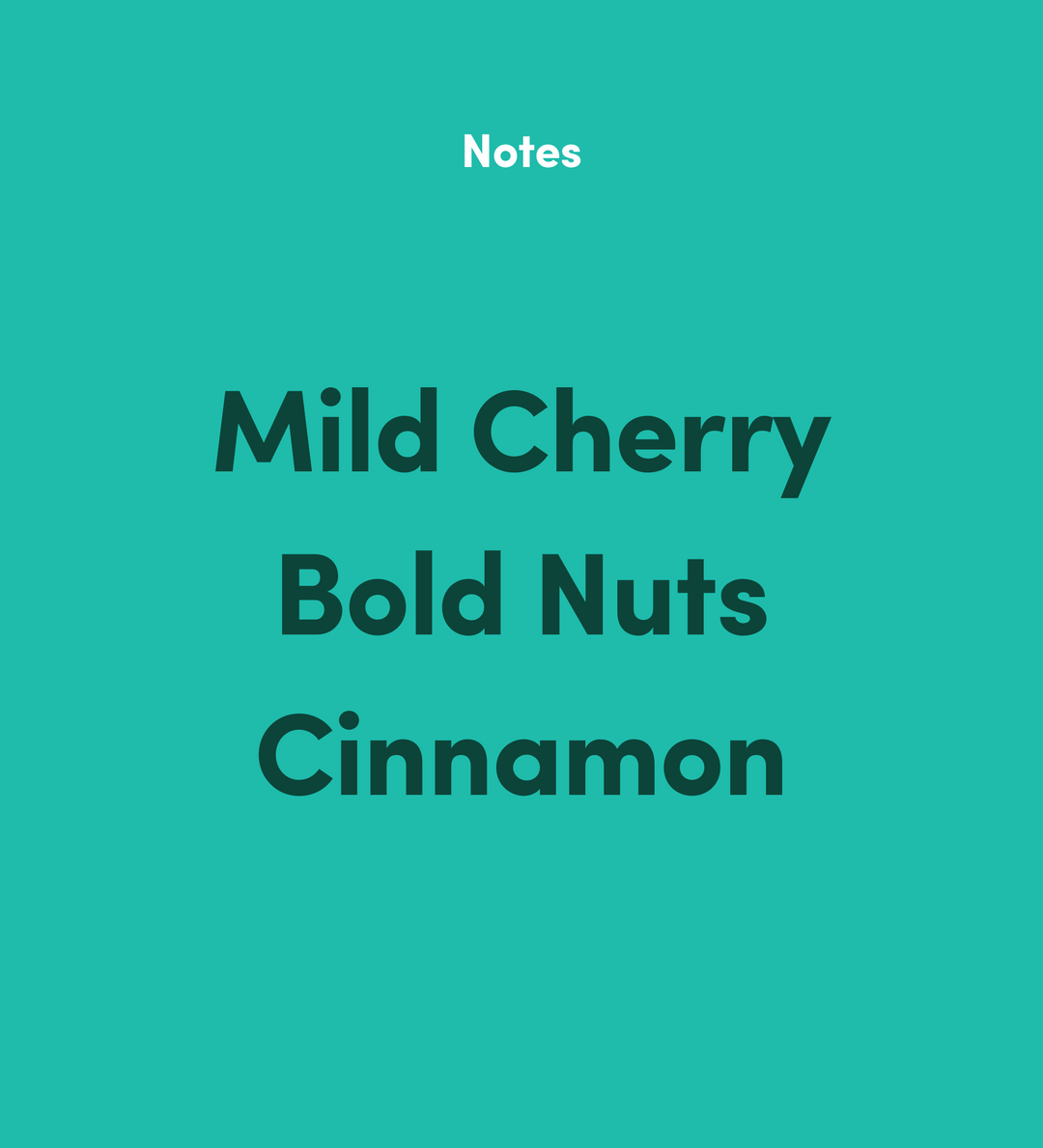Flavor notes: Mild Cherry, Bold Nuts, Cinnamon on a teal-colored background.