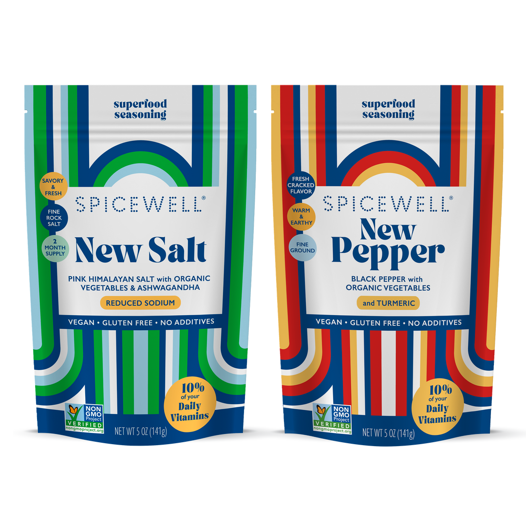 Spring Reset: New Salt & New Pepper Ceramic Cellar Set + Refill Pouch Bundle by Spicewell