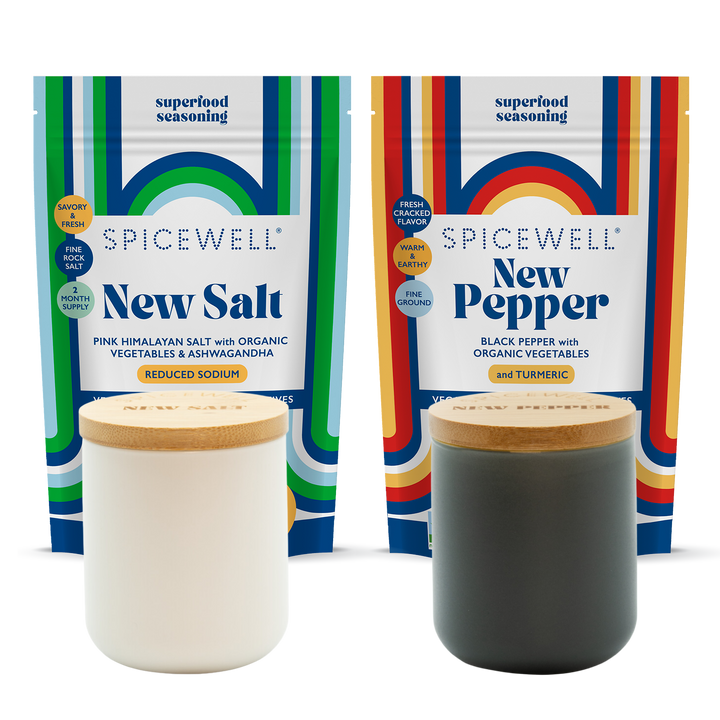 Spring Reset: New Salt & New Pepper Ceramic Cellar Set + Refill Pouch Bundle by Spicewell