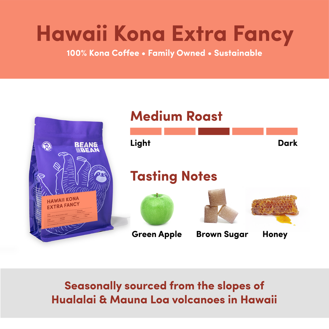 Bean & Bean Hawaii Kona Extra Fancy coffee with medium roast level. Tasting notes: Green apple, Brown sugar, Honey. Seasonally sourced from Hualālai and Mauna Loa volcanoes in Hawaii.