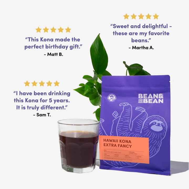 Bean & Bean Hawaii Kona Extra Fancy coffee bag with a glass of brewed coffee, surrounded by customer reviews praising the coffee's uniqueness, flavor, and gift-worthiness.