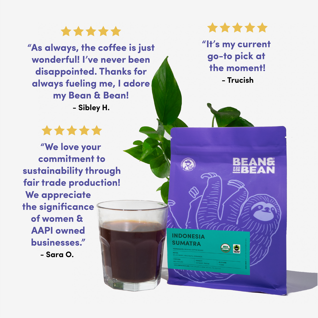 Bean & Bean Indonesia Sumatra coffee bag with a glass of brewed coffee and green plant. Surrounded by customer reviews praising the coffee’s consistent quality, sustainability, and support for women and AAPI-owned businesses.