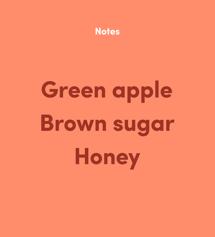 Flavor notes: Green apple, Brown sugar, Honey on a orange-colored background.