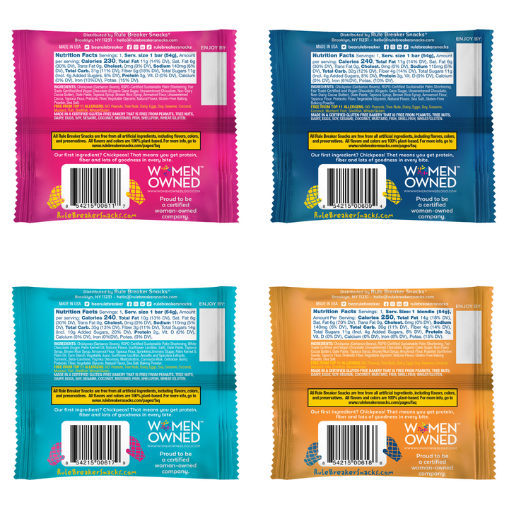 Back of packages of Rule Breaker Snacks Brownie, Blondie, Birthday Cake and p'Nutter and Nutrition Facts Panel
