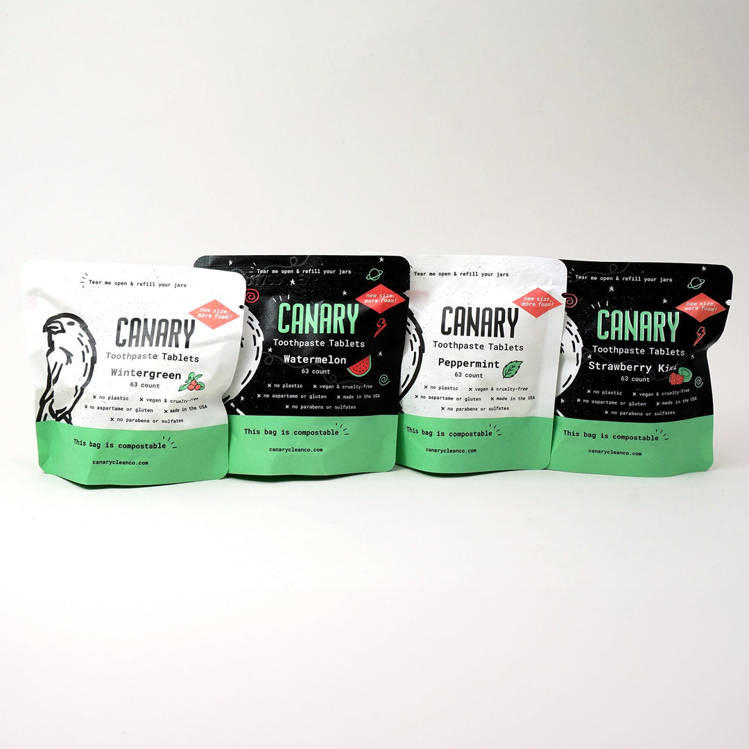 4 pack bundle of all four flavors in the new and improved formula, 63 count sample pouches. Peppermint, Wintergreen, Watermelon and Strawberry Kiwi toothpaste tablets