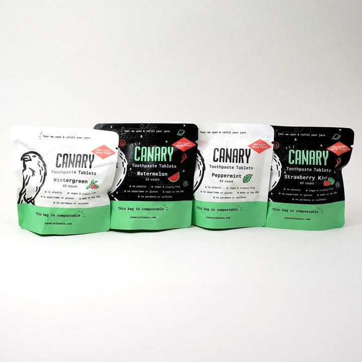 4 pack bundle of all four flavors in the new and improved formula, 63 count sample pouches. Peppermint, Wintergreen, Watermelon and Strawberry Kiwi toothpaste tablets