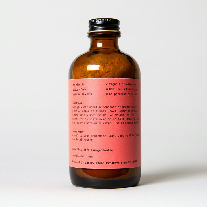 Canary Bentonite Clay + Rose Face Mask, view of the back of the 4 ounce jar