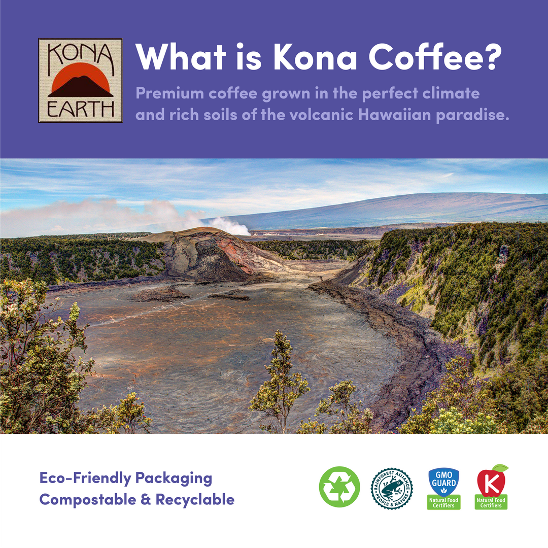 Explaining Kona Coffee as premium coffee grown in Hawaii's volcanic soil. Includes eco-friendly, compostable, and recyclable packaging icons