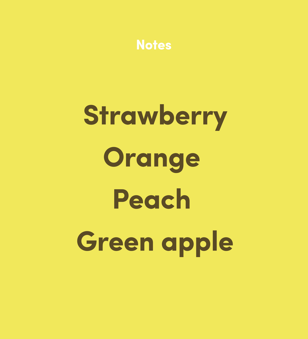 Flavor notes: Strawberry, Orange, Peach, Green Apple on a yellow-colored background.